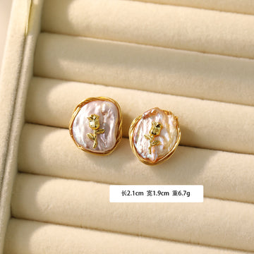 Ear Studs (16K Gold + Natural Pearl – Rose Design)