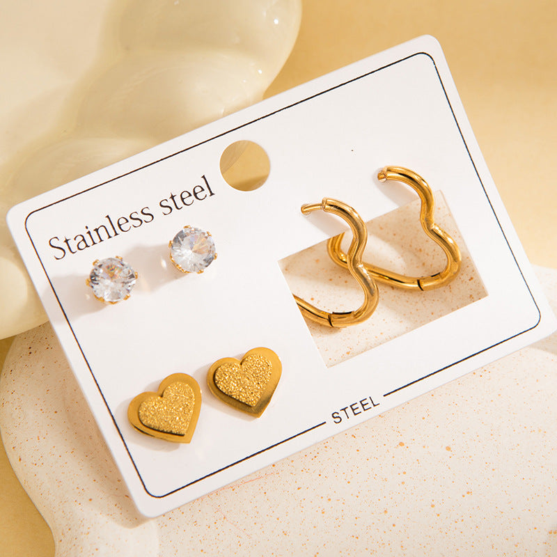 Ear Studs Heart Round Zircon (Stainless Steel)