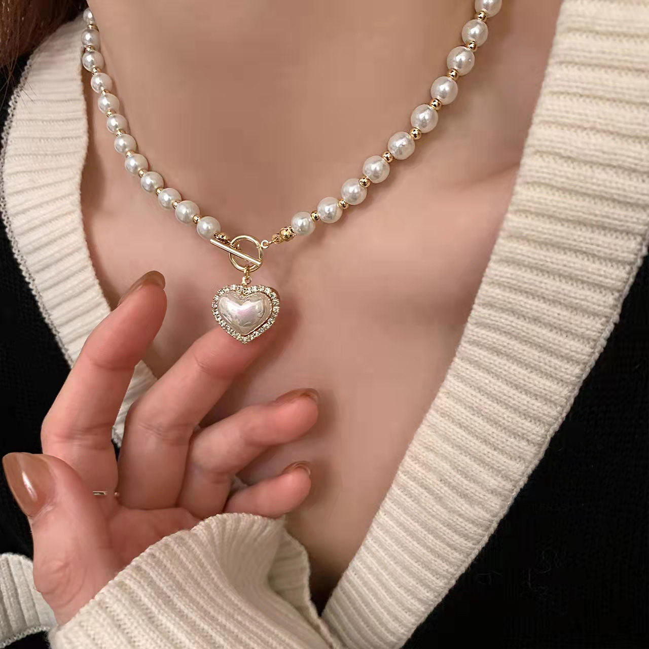White Pearl Heart Necklace