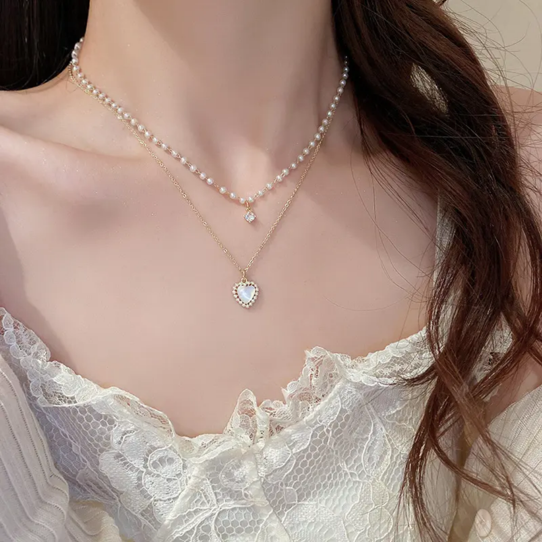 Gold Pearl Heart Necklace