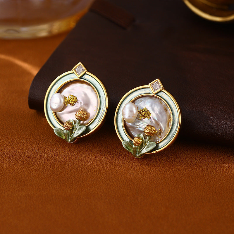 Ear Studs (18K Gold + Natural Pearl Green/Purple)